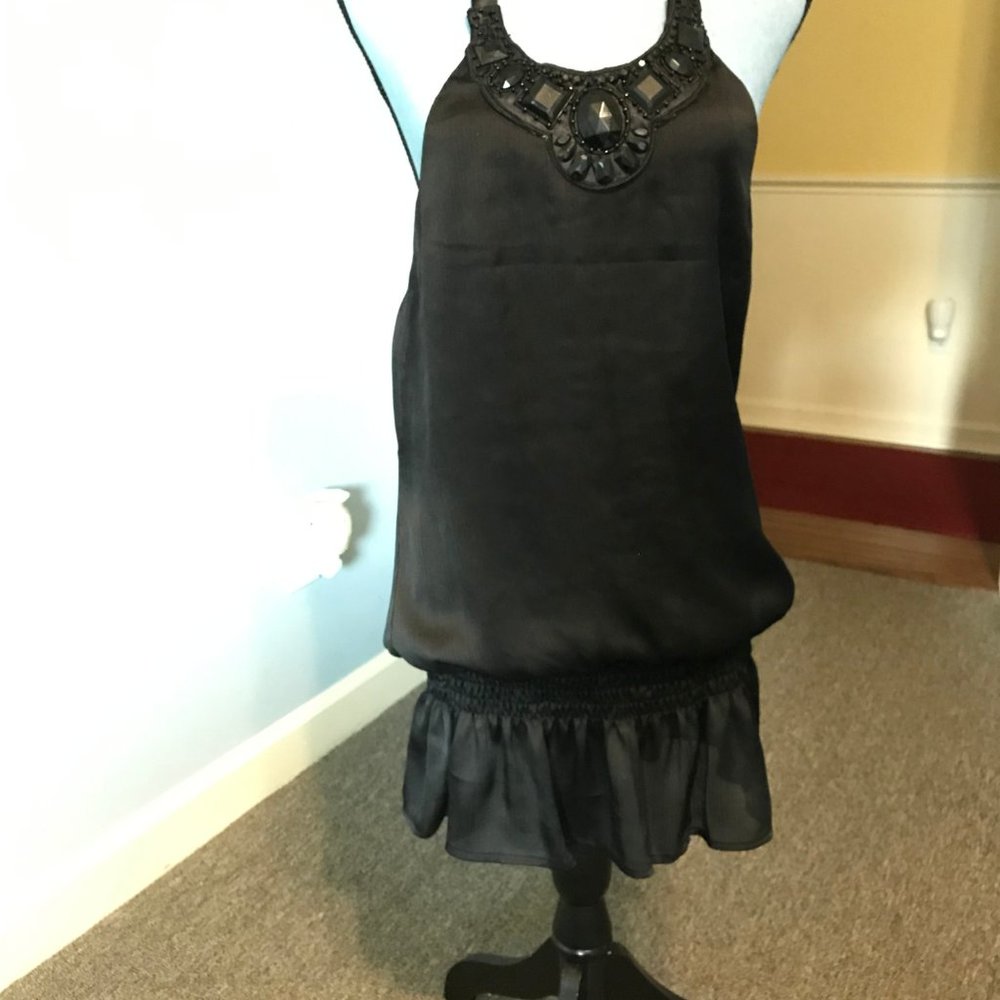 6 DEGREES JUNIORS MEDIUM BLACK HALTER NECK TOP TANK SHIRT BEADED JEWELS NEW